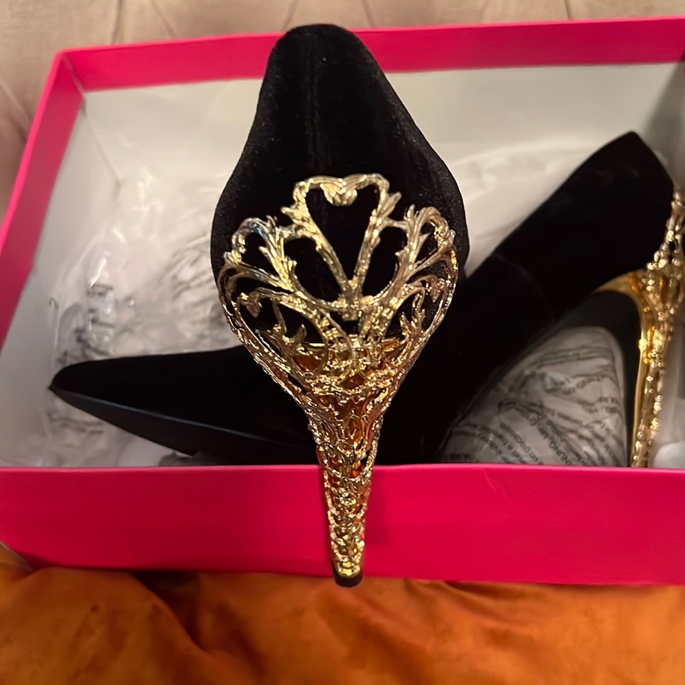 Gold embossed suede heels